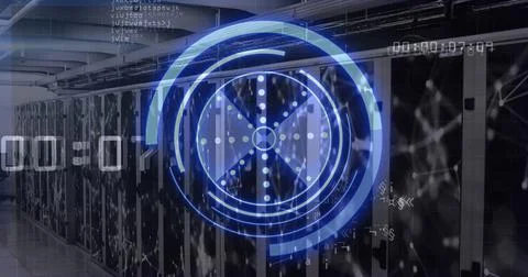 Displaying translucent blue interface on server cabinets in data center hall, Stock Photos