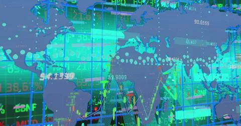 Displaying translucent blue world map overlay on financial data interface, with Illustrazione stock