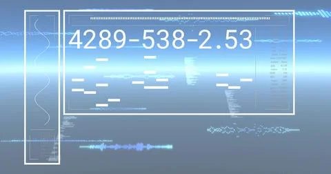 Displaying translucent central data panel on pale blue gradient, showing numeric Stock Illustration