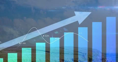 Displaying translucent chart bars rising on grassy hillside, with white line Stock Photos