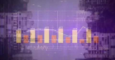 Displaying translucent chart over violet cityscape, showing gold red bars, white Stock Illustration