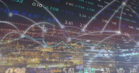 Displaying translucent chart overlay over city skyline at night with numeric 写真素材