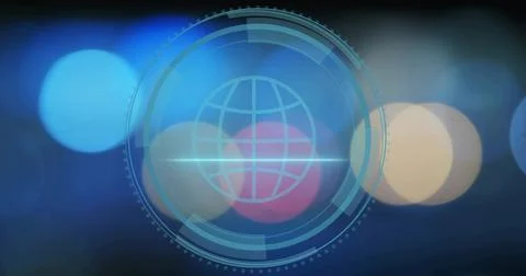 Displaying translucent circular cyan HUD centered over digital bokeh, showing Stock Illustration