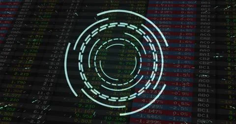 Displaying translucent circular HUD overlay on stock data grid, with scrolling Stock Photos