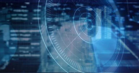 Displaying translucent circular radar interface overlaying nighttime city Stock Illustration