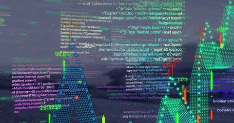 Displaying translucent code and candlestick charts over waterfront skyline at Stock-Fotos