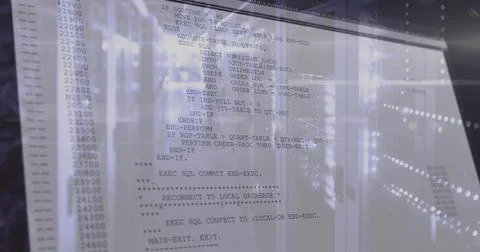 Displaying translucent code column overlaying server racks, showing LED statu Illustration