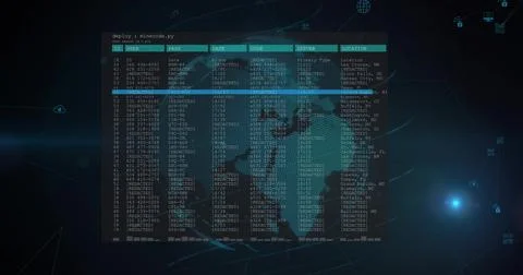 Displaying translucent console showing redacted table and highlighted row over Stock Photos