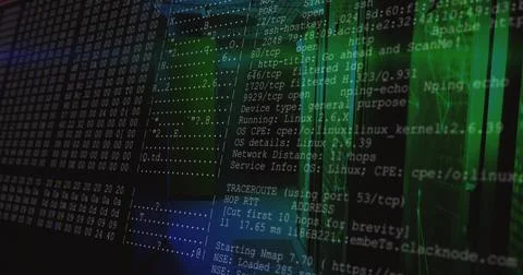 Displaying translucent console text showing Nmap or traceroute and hex dump in Stock Photos