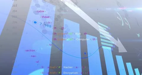 Displaying translucent cyan bar columns with blue trend line and downward arr Stock Illustration