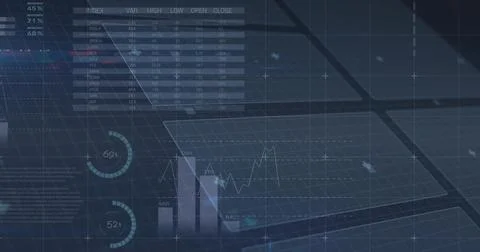 Displaying translucent dashboard floating above grid plane, showing line grap Illustrazione stock