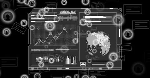 Displaying translucent dashboard floating in interface, with line graph world Stock Illustration