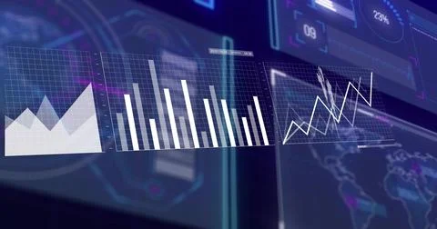Displaying translucent dashboard panels across virtual command center, with Stock Illustration