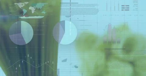 Displaying translucent dashboard on screen over blurred plant leaves showing two Stock Illustration