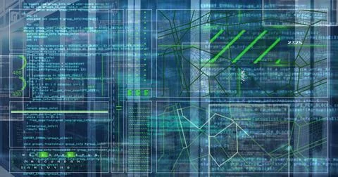 Displaying translucent dashboard showing code panels in virtual interface, with 写真素材