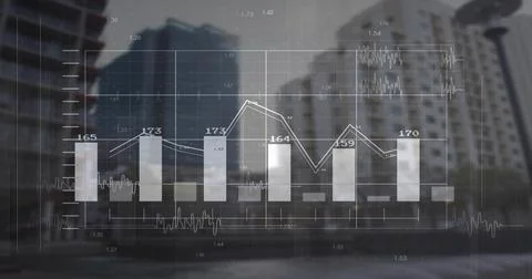 Displaying translucent data overlay on city street, showing bar chart, line Stock Photos