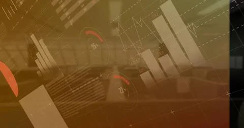 Displaying translucent data overlay in office, showing bar charts, line graph, Stock Photos