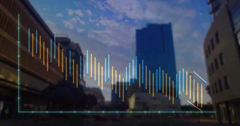 Displaying translucent data overlay over downtown street with skyscraper, Ilustração Stock