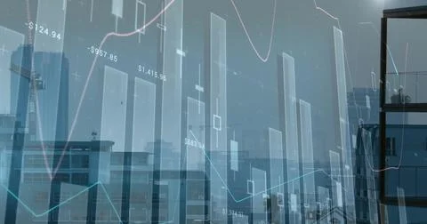 Displaying translucent data overlay over downtown skyline, with bars, Stock Photos