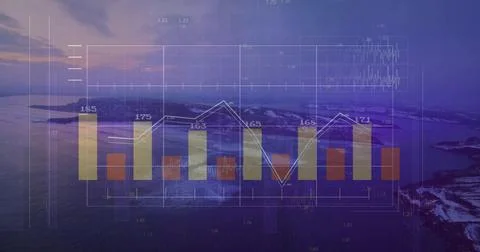 Displaying translucent data overlaying coastal dawn scene, with colored bars and Stock Illustration