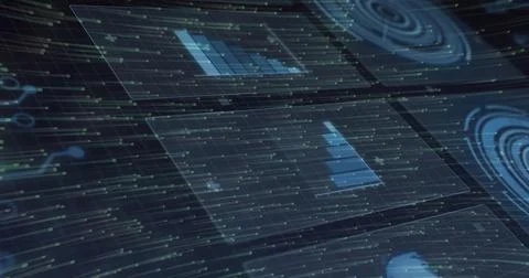 Displaying translucent data panel centered in virtual dark workspace, showing Stock Illustration