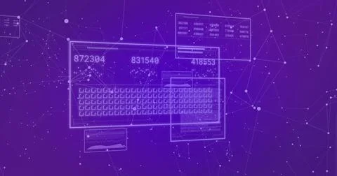 Displaying translucent data panel floating over virtual network nodes, with Stock Photos