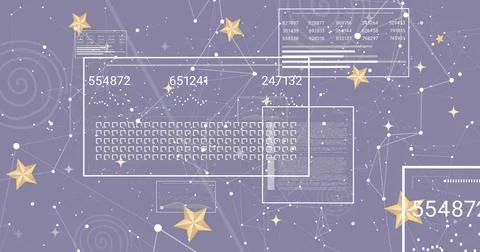 Displaying translucent data panel on purple canvas, showing grid, codes, barcode Stock Illustration