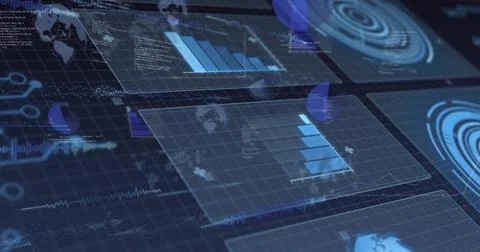 Displaying translucent data panels in 3D dashboard, showing bar charts, globe Foto stock