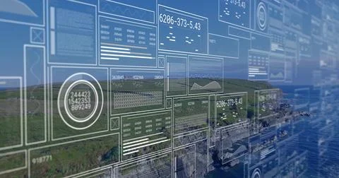Displaying translucent data panels and graphs over coastal cliffs, showing Stock Photos