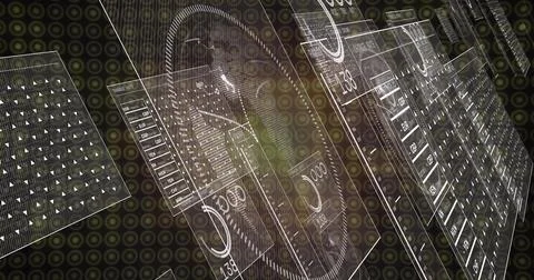 Displaying translucent data panels with circular gauge, left grid and wireframe Stock Illustration