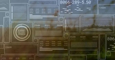 Displaying translucent data panels in interface overlay over blurred foliage, Stock Photos