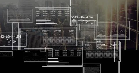 Displaying translucent data panels overlaying high-rise office view with numeric 스톡 사진