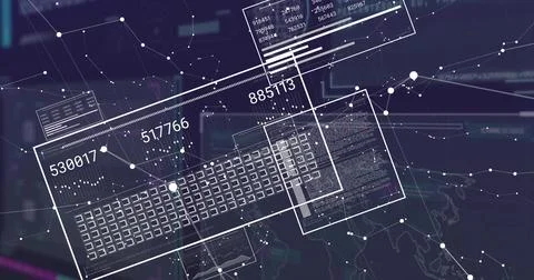 Displaying translucent data panels on tech dashboard with numeric code, matri Illustrazione stock