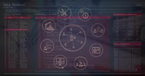 Displaying translucent data terminal interface at workstation, with circular Stock Photos