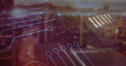 Displaying translucent digital circuit overlay floating over blurred city with Stock Photos