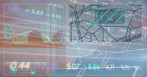 Displaying translucent digital dashboard overlay on office view, with line Fotos de archivo