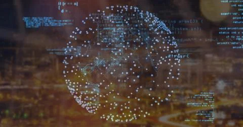 Displaying translucent digital globe rotating above city nightscape, with Stock-Illustration