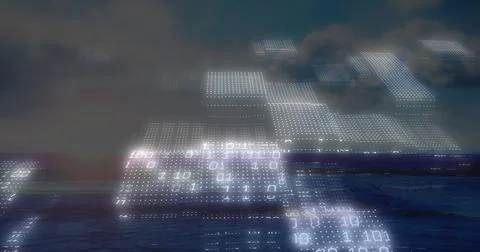 Displaying translucent digital grid panels hovering over open ocean, with イラスト素材
