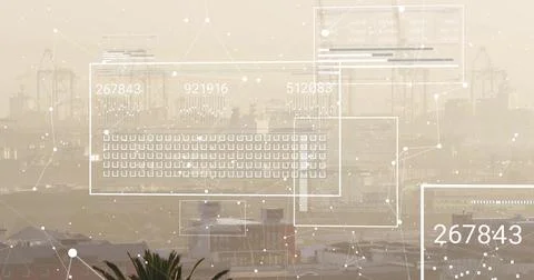 Displaying translucent digital overlay at port, showing cranes, ships, data Stock Photos