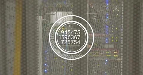 Displaying translucent digital overlay showing numeric data at data center, with Stock Illustration