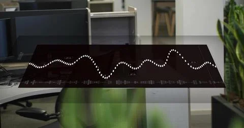 Displaying translucent digital panel floating over open-plan office with dotted 스톡 사진