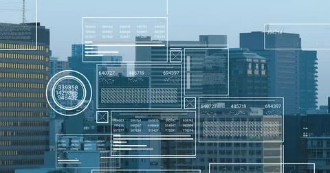 Displaying translucent digital UI overlays over corporate skyline at business 스톡 사진