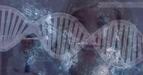 Displaying translucent DNA helix across digital art, with marbled texture and Illustrazione stock
