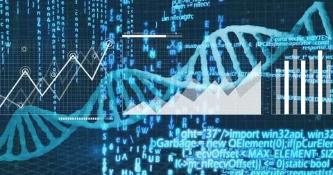 Displaying translucent DNA helix twisting over dark blue grid, with data charts Stock Photos