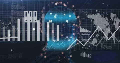 Displaying translucent dotted head processing global data on dark grid, with Stock Illustration
