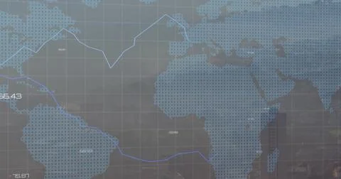 Displaying translucent dotted world map tracing blue trend line on digital Stock Photos