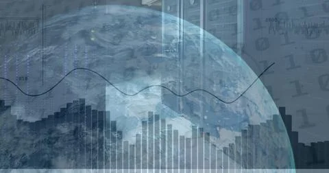 Displaying translucent Earth globe centering analytics dashboard, showing bars, Stock Photos