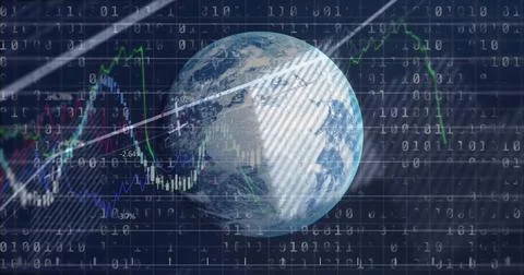 Displaying translucent Earth globe hovering over binary grid with market charts, Stockillustratie