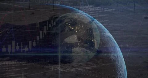 Displaying translucent Earth globe hovering in space, with candlestick charts Stockfoto's