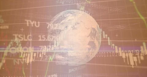 Displaying translucent Earth globe hovering over financial data screen, with 写真素材